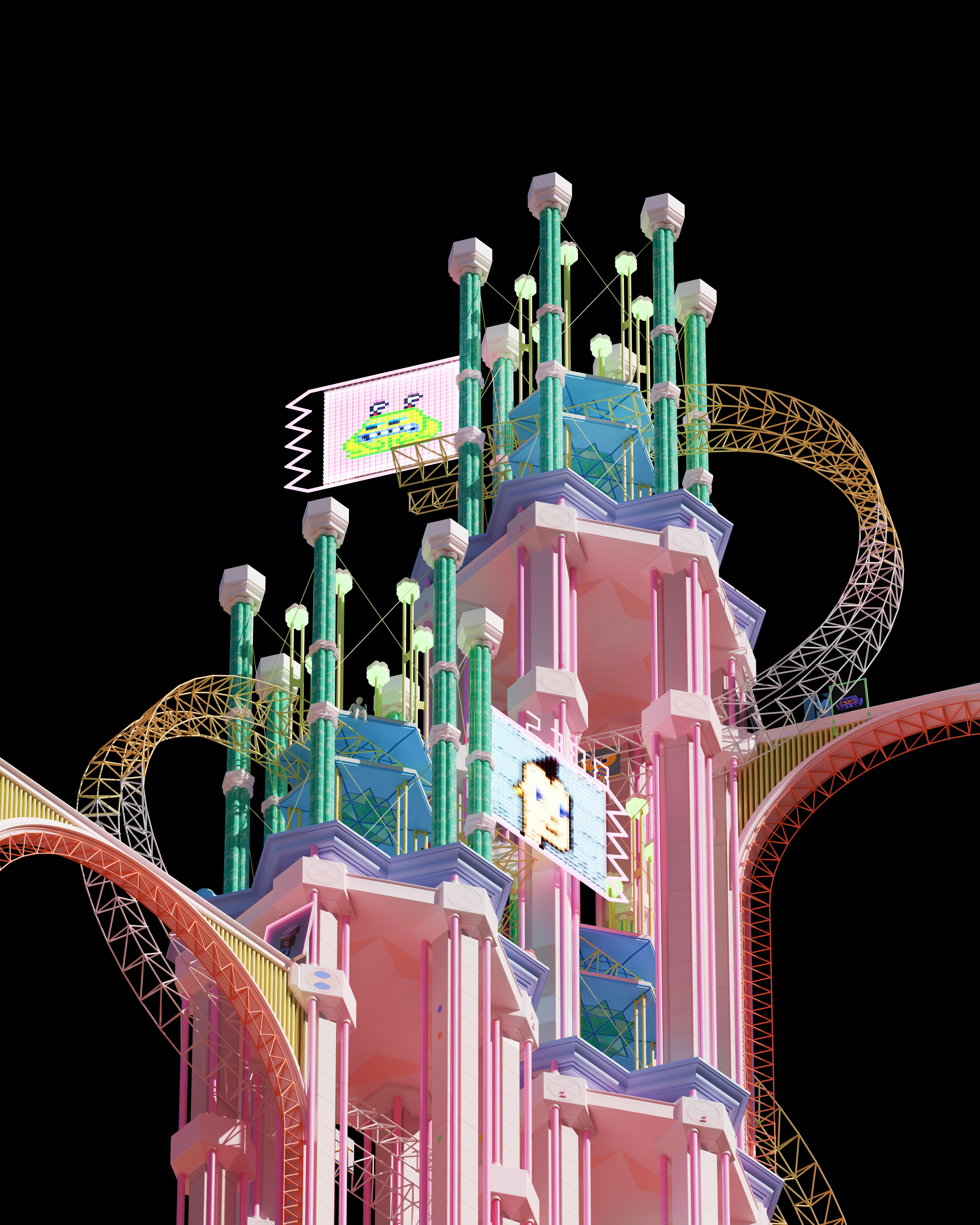 A brightly coloured fantastical tower of columns, trusses, screens and looping structures against black.