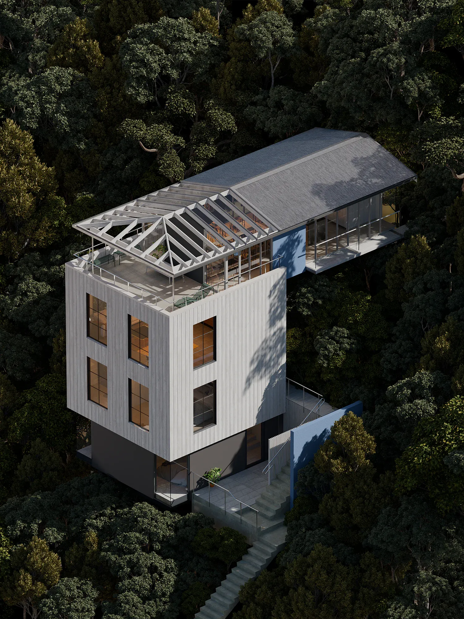 Aerial architectural rendering of Sky Frame House, a timber-clad tower with an open roof structure and a glazed wing extending into dense bush.