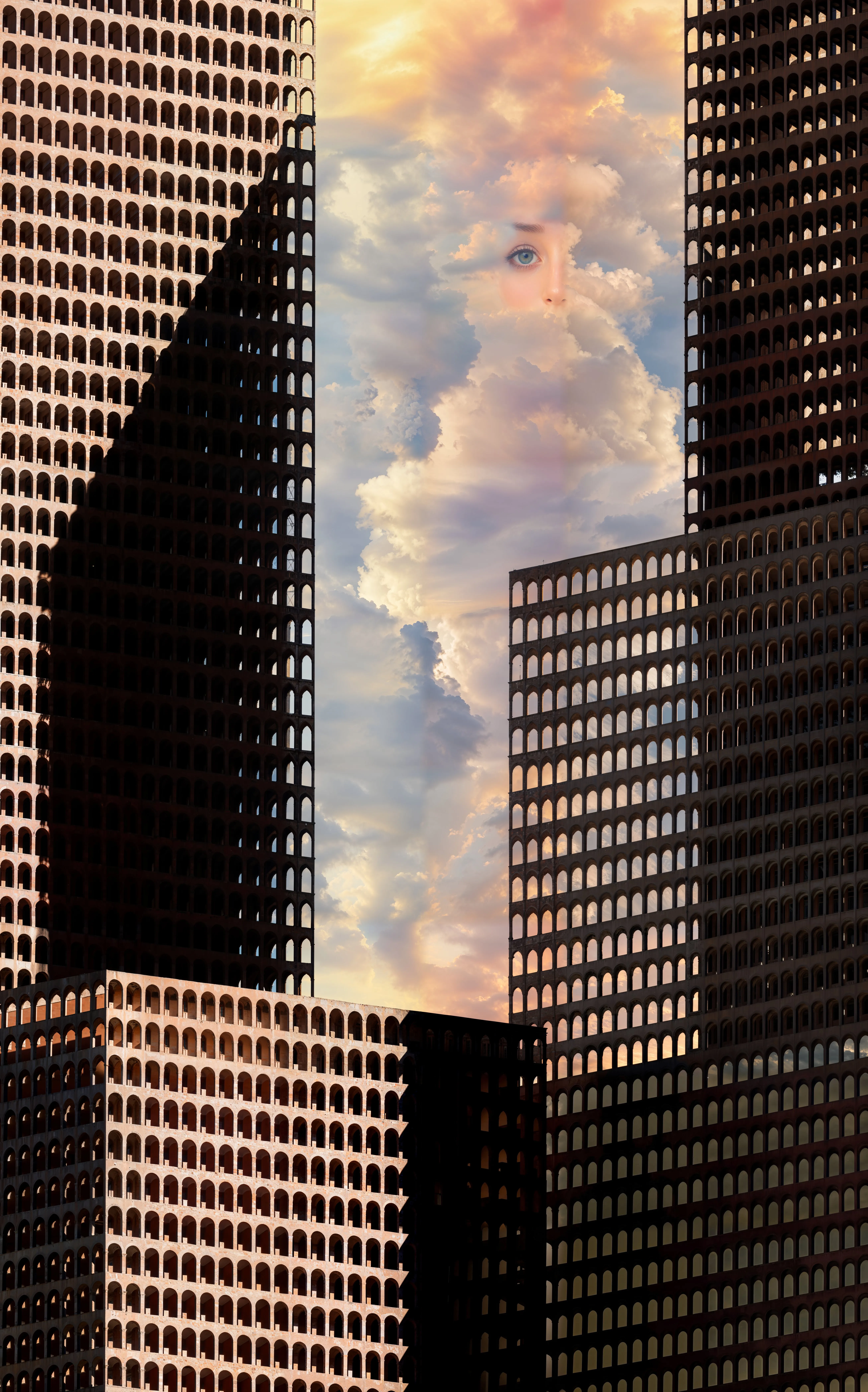 Repeating arcaded towers surrounding a sunlit sky in which a face appears through clouds.