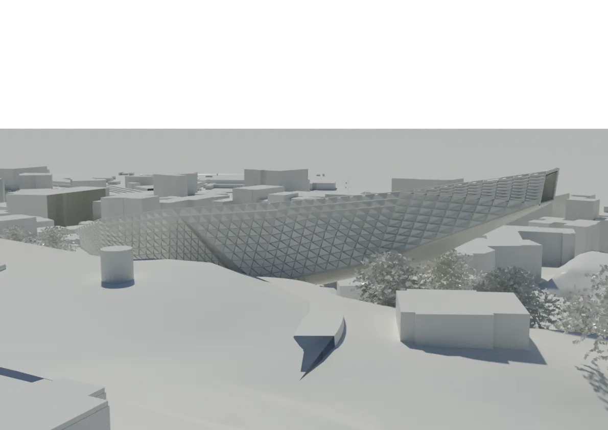 Computer rendering of a long folded building with a triangulated kinetic façade extending across a steep hillside above Wellington.