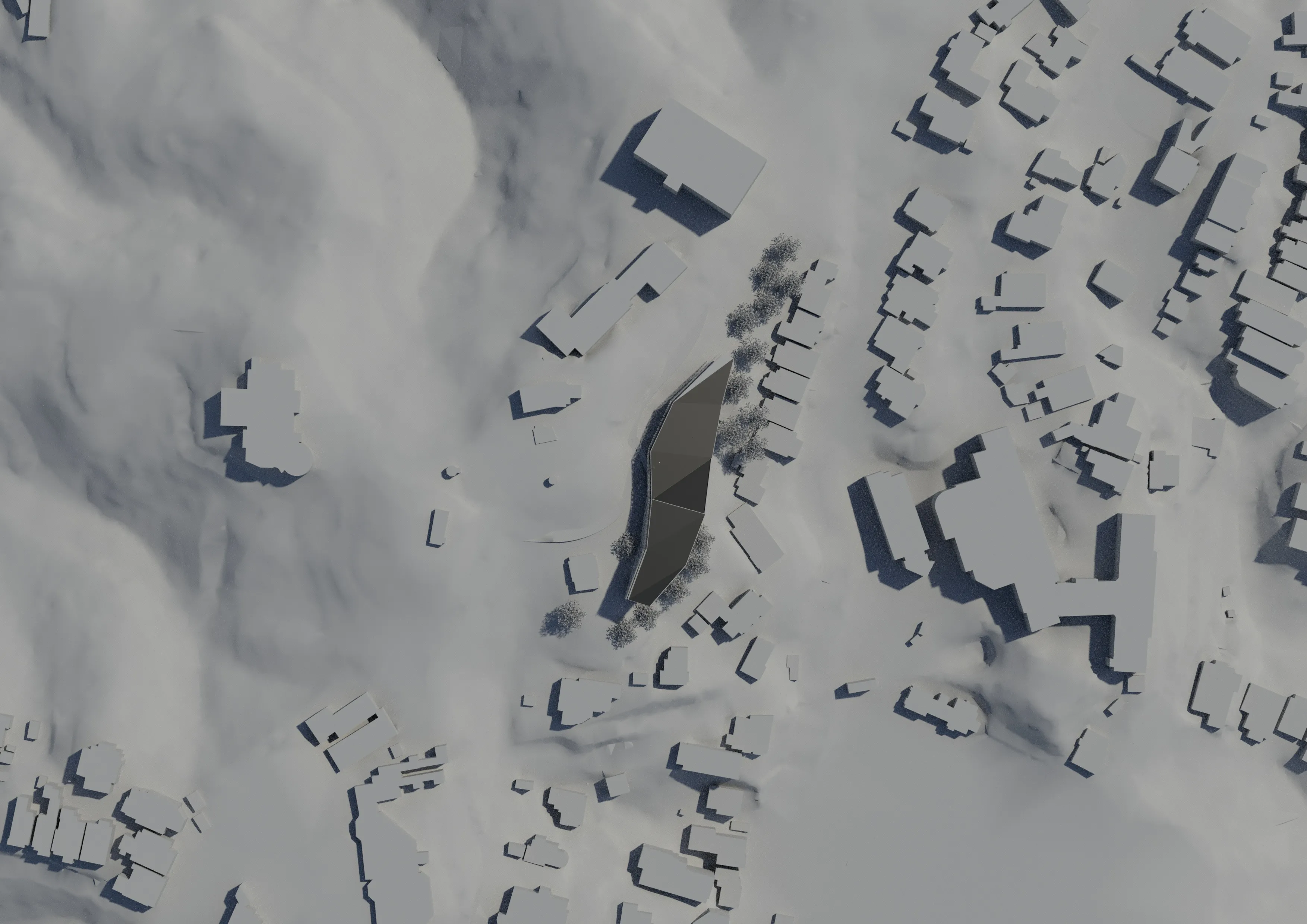 Aerial site rendering showing the dark faceted proposal between a wooded hillside and surrounding Wellington buildings.