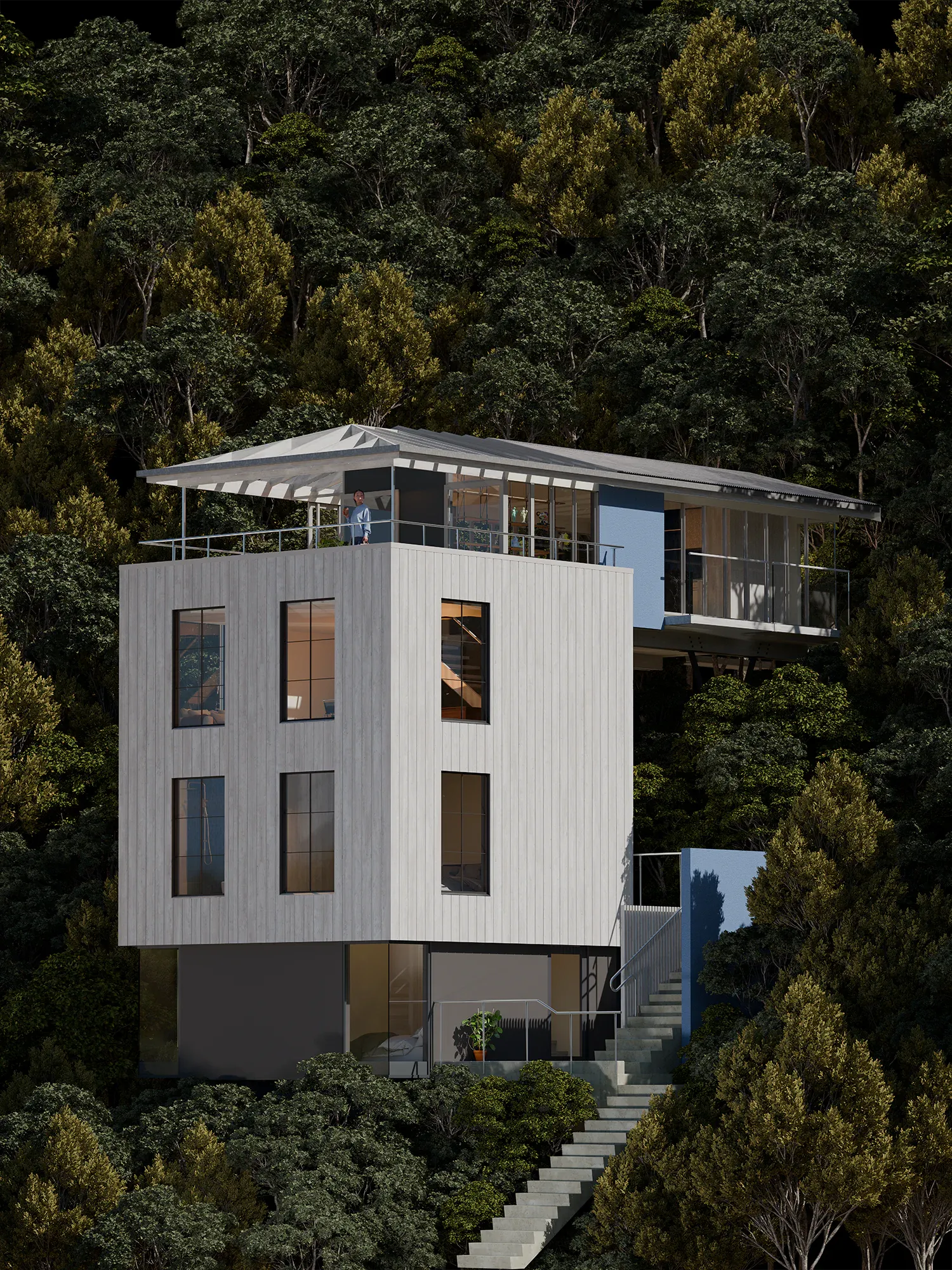 Front architectural rendering of Sky Frame House on a steep bush-covered hillside, with an exterior stair and glazed living wing extending behind the tower.