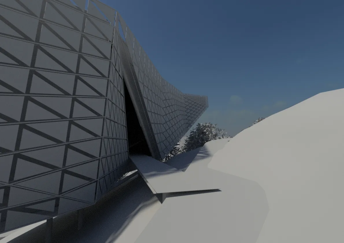 Ground-level rendering beside the building, showing its triangular façade grid and a deep folded opening against the hillside.