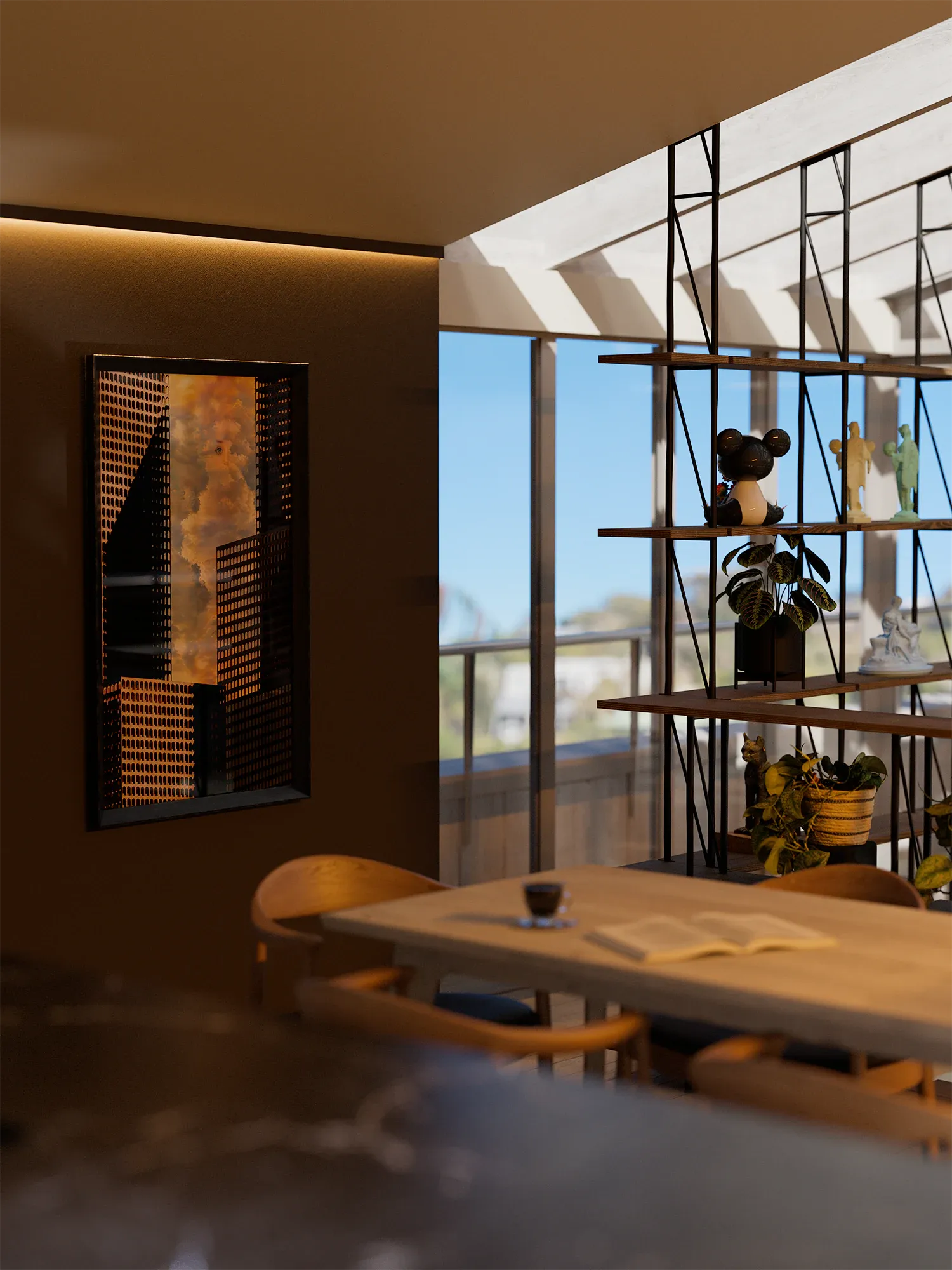 Daylight interior rendering of Sky Frame House, looking across the dining space toward suspended timber shelving, full-height glazing and the open roof structure.