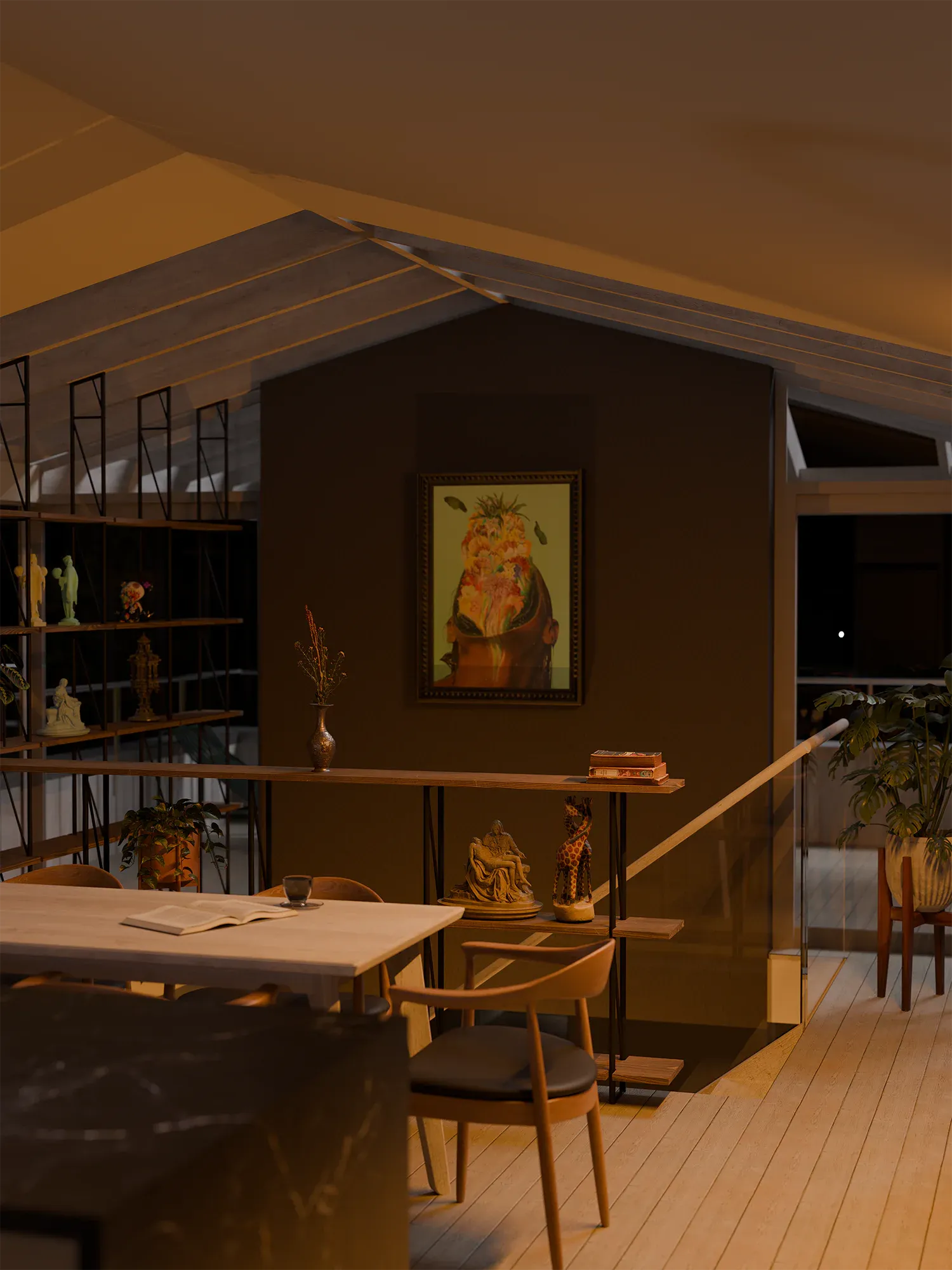 Interior rendering of the top-floor dining space, showing exposed rafters, suspended shelving and warm timber finishes.