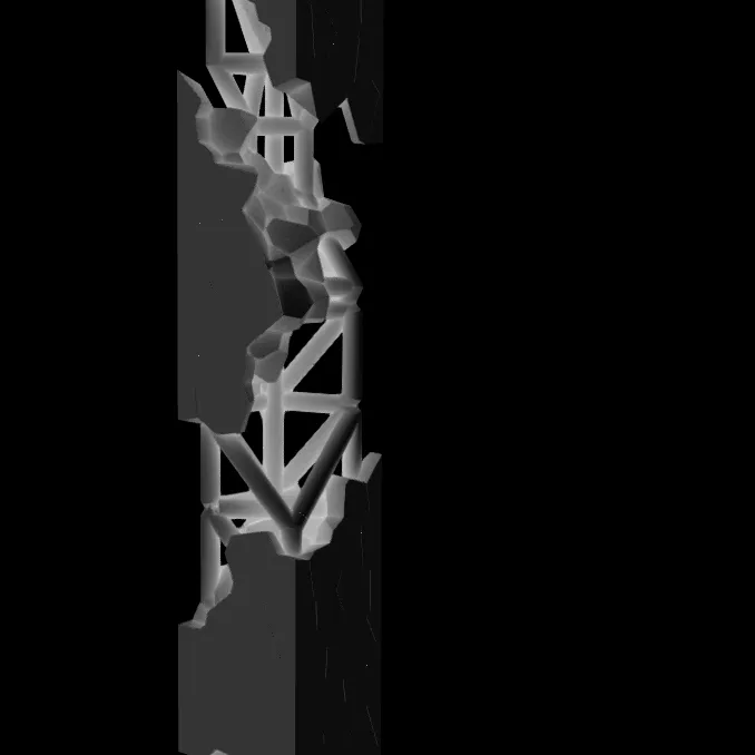 Greyscale modelling view of a vertical lattice form, its triangulated members breaking into fragments against a black background.