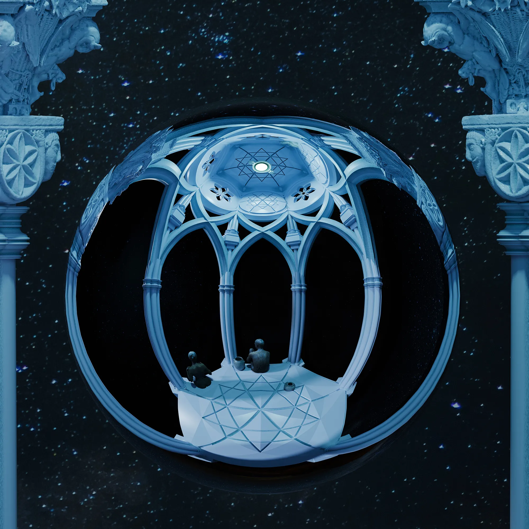 A spherical Gothic pavilion suspended against a field of stars, containing seated figures beneath a patterned vaulted ceiling.
