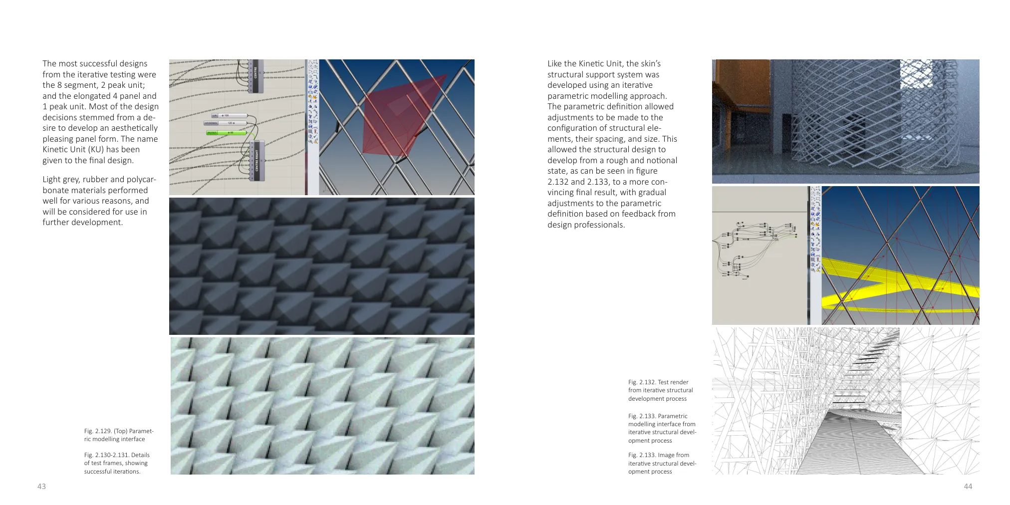Thesis development spread combining Grasshopper and Rhino views, successful kinetic-panel iterations and progressive structural-system studies.
