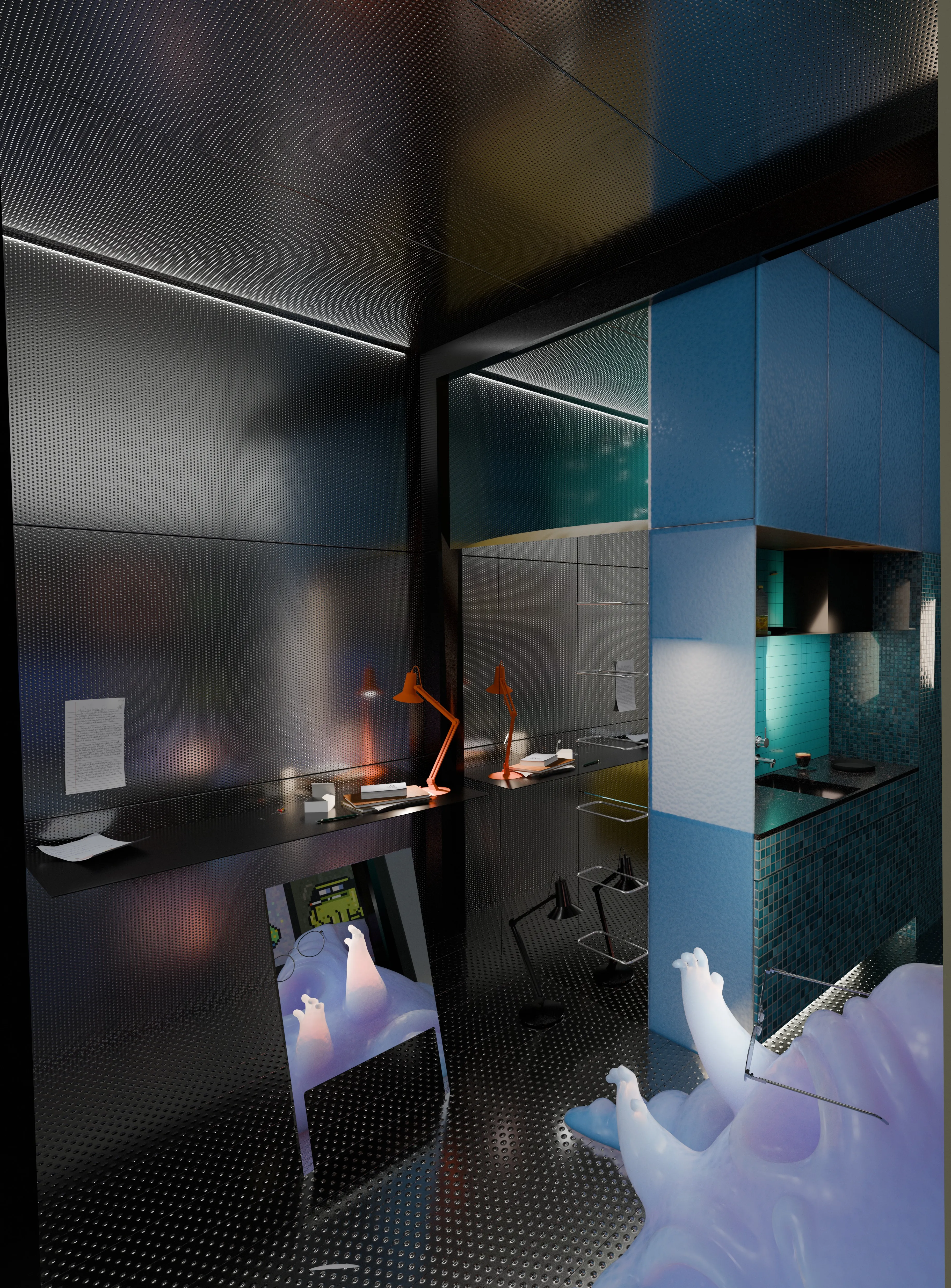 A dark interior lined in perforated metal, with orange desk lamps along a black shelf and a teal tiled kitchen beyond, where translucent pale violet creature forms rise into the room.