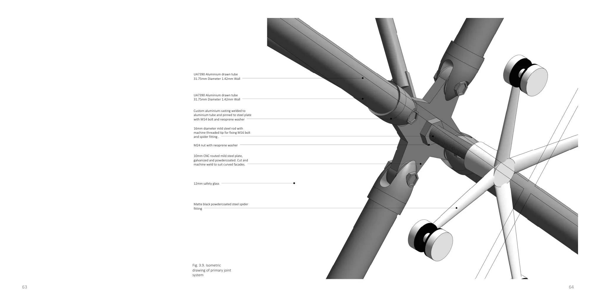 Detailed isometric drawing of the primary façade joint with labelled aluminium tubes, steel plate, rods, bolts, glazing and spider fitting.