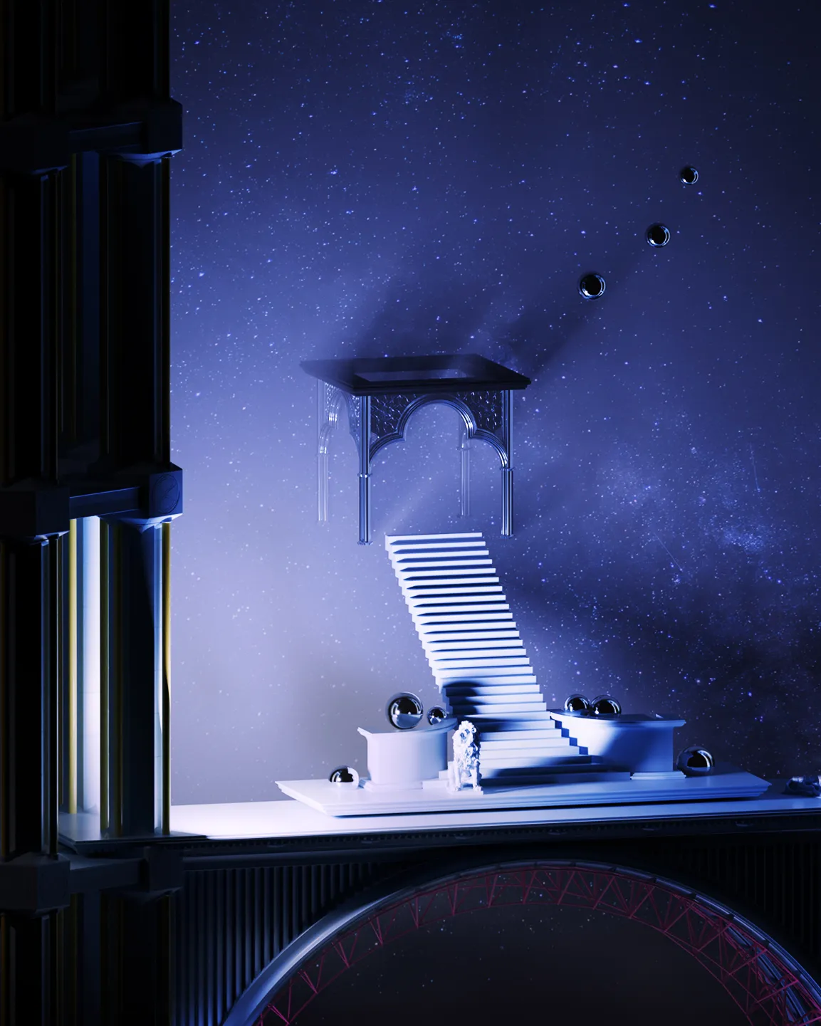 A luminous stair rising toward an isolated arched canopy within a deep blue architectural space.