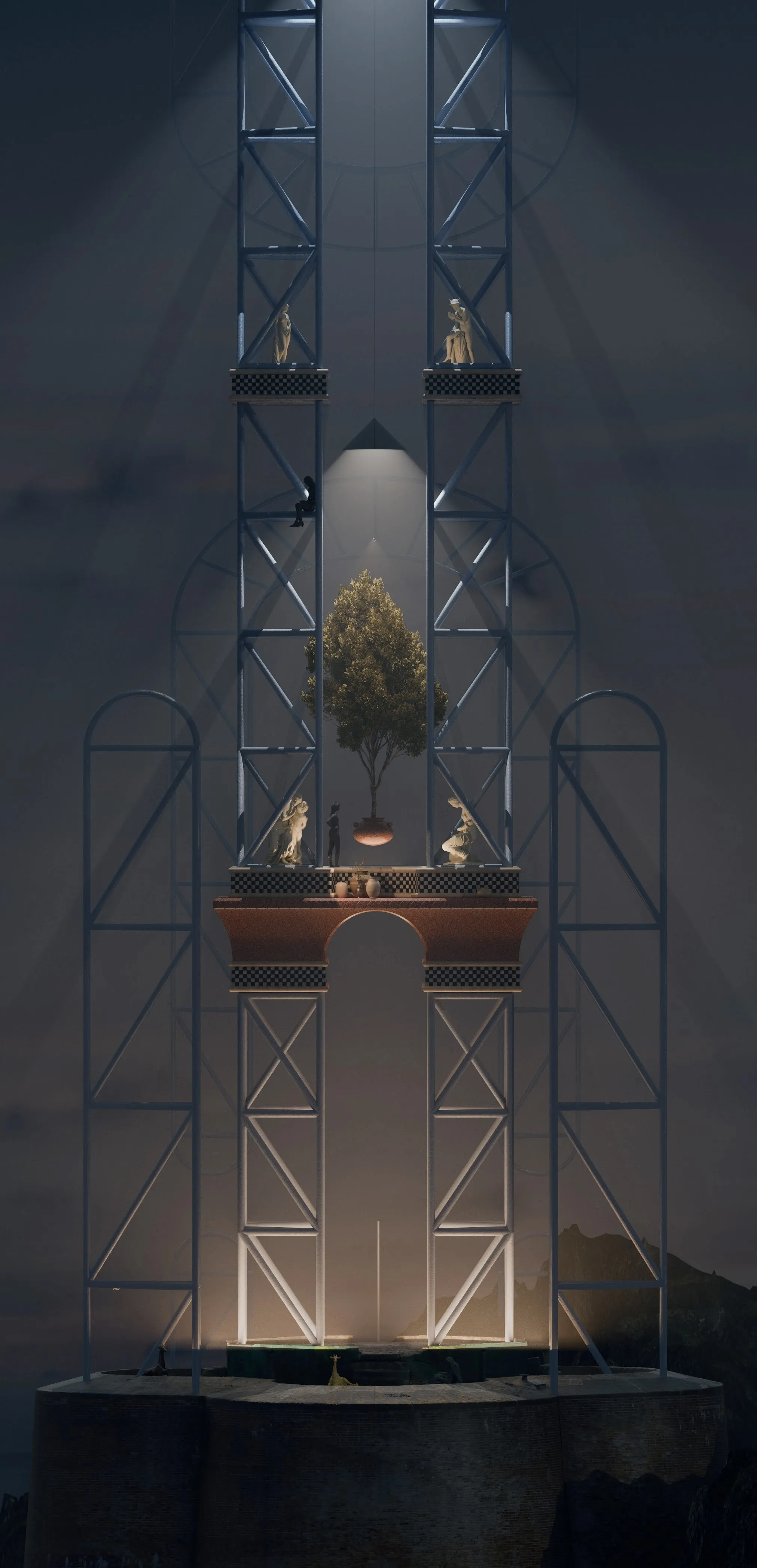 A tall symmetrical tower of pale blue scaffolding rising through mist, carrying classical statues, a potted tree and checkered banding on stacked platforms, lit from below.