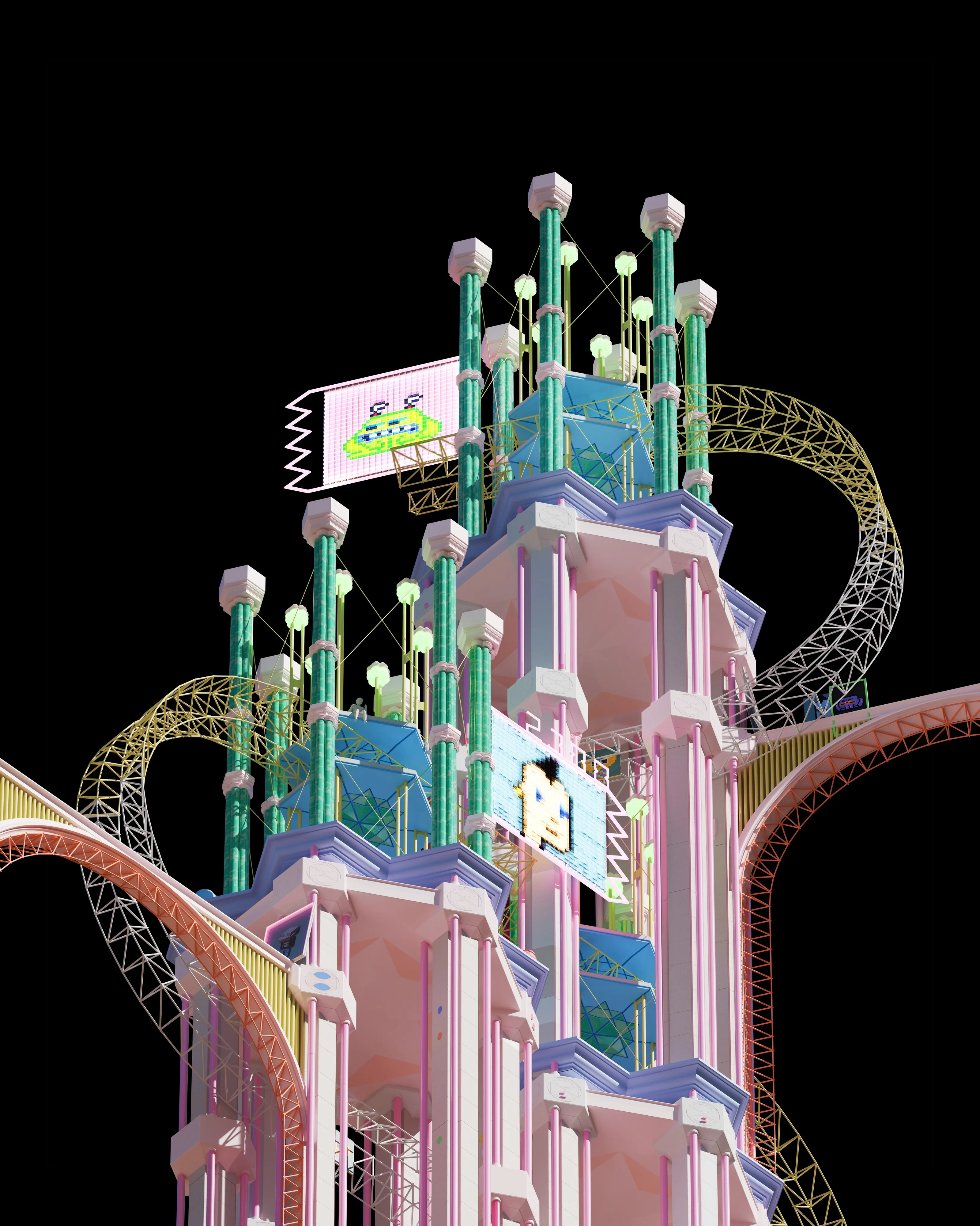 A pastel classical tower of pink and lilac masonry and green marble columns against black, carrying illuminated pixel-art screens and looping rollercoaster track.