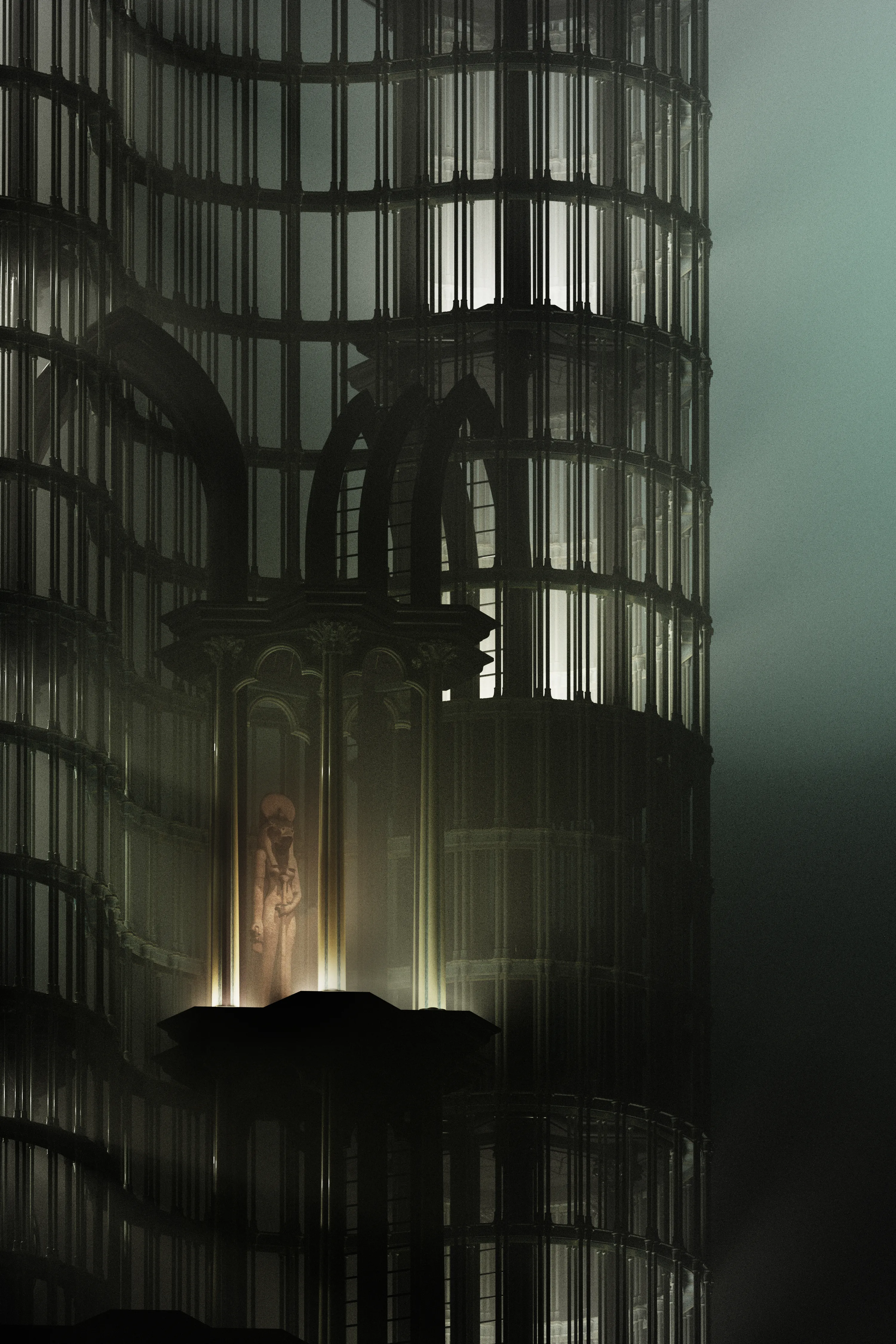 A monumental dark tower formed from layered circular cages, with a lit shrine and figure suspended inside.