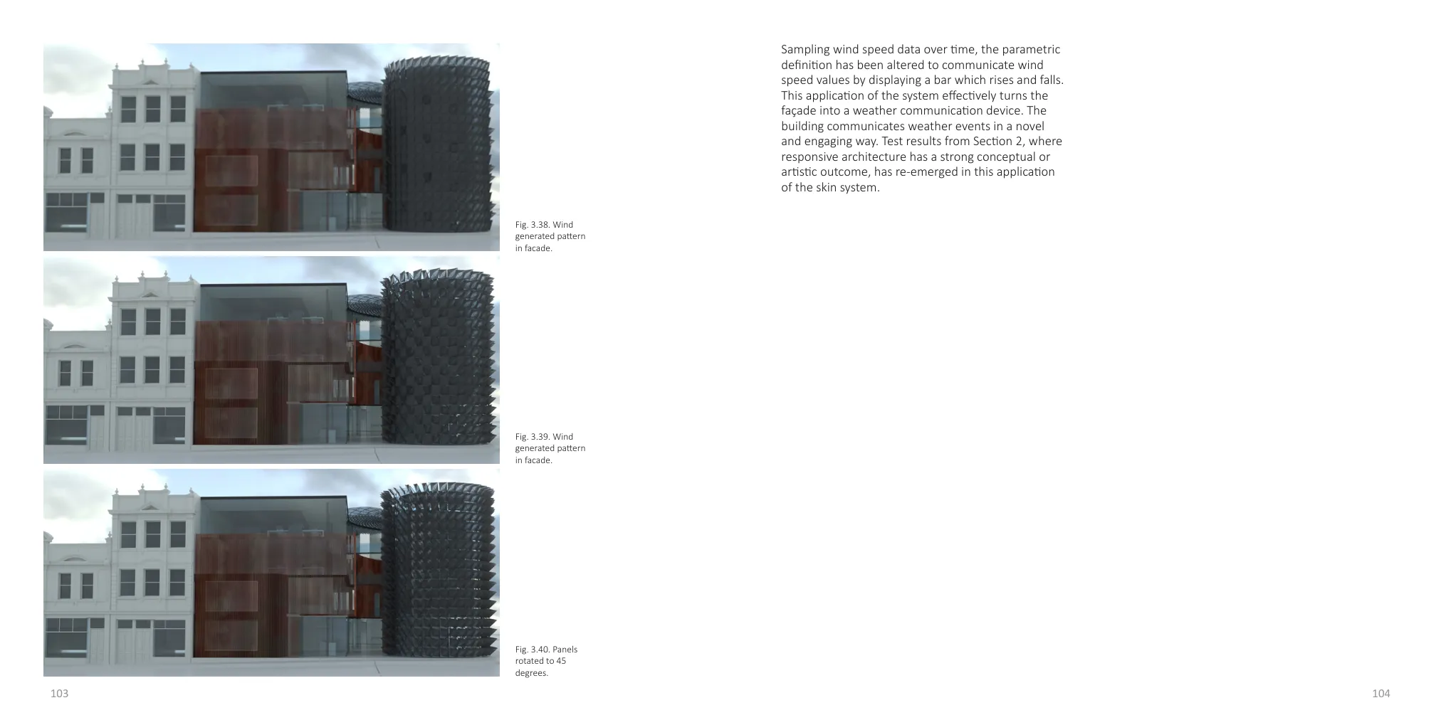 Three rendered façade states showing a kinetic tower changing pattern and openness in response to sampled wind-speed data.